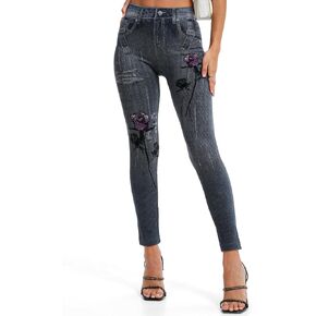 YOBEGG Jean Leggings Jeggings for Women High Waist Tummy Control with Back Pockets Skinny Stretchy Denim Print Fake Jeans