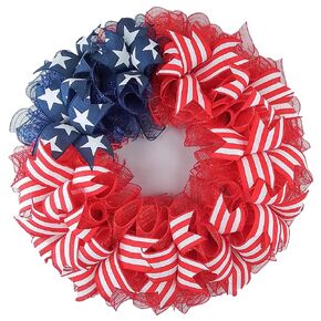 Patriotic Wreath, Flag Wreaths for Front Door, Americana Porch Decorations, Fourth of July Mesh Door Wreaths - Red White Royal Blue Stars Stripes