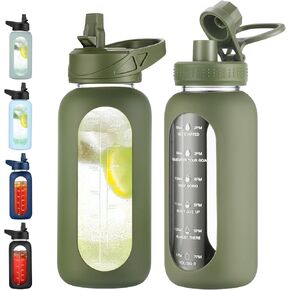 EALGRO 64 oz Glass Water Bottle With Straw and Handle, Half Gallon Sports Motivational Water Jug Flask with Silicone Sleeve, Large Water Cup with Time Marker for Travel, Gym, Black