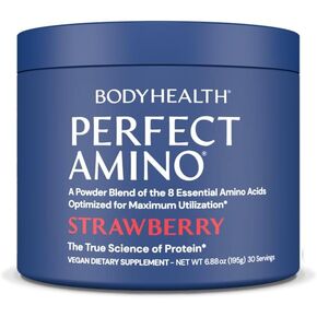 مسحوق BodyHealth PerfectAmino المختلط بالتوت (30 حصة) أفضل مشروب للتعافي قبل/بعد التمرين، 8 أحماض أمينية أساسية مكملة للطاقة مع 50% BCAAs، عضوي 100%، استخدام 99%