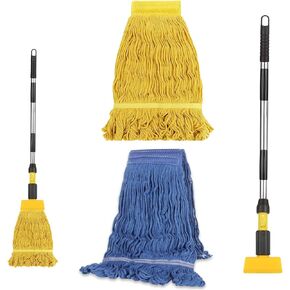 Commercial Mop, Commercial Mop Handle with 2Pcs Commercial Mop Head, Looped-End String Industrial Mop Heavy Duty Mop for Floor Cleaning, Blue/Yellow