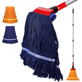 Looped-End String Wet Mop, Heavy Duty Commercial Industrial Dust Mop with 45 inch Stainless Steel Pole, 2 Replacement Floor Mop Heads for Floor, Hardwood, Laminate, Tiles Cleaning (Blue&Orange)