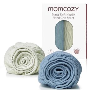 Momcozy Muslin Fitted Mini Crib Sheets, 38"x26", 2 Pack Soft Breathable Natural Cotton Baby Mattress Sheet, 360° Mattress Wrapping No Slip Boys Girls Neutral Toddler Bed Sheet, Grey Blue