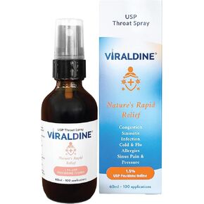 VIRALDINE 1.5% Povidone-Iodine Sore Throat Spray, Rapid Relief Formula, 100 Applications, 60ml Oral Spray Bottle