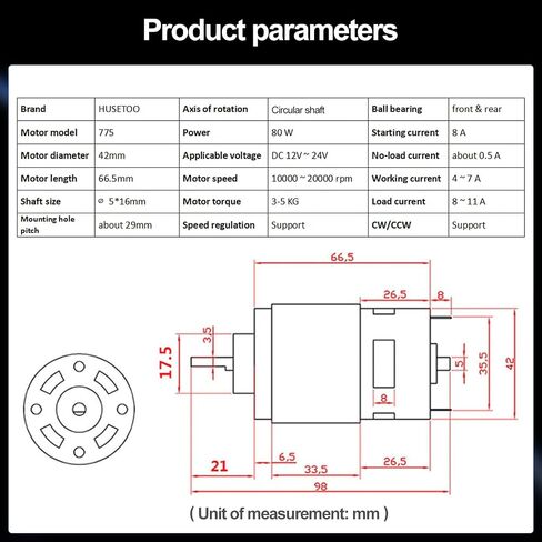 775 High Torque DC Motor, 12V/24V, 10K/20K RPM, Round Shaft, 1-Pack in Saudi Arabia
