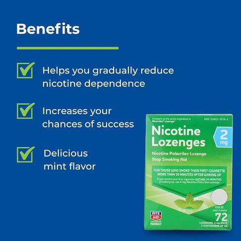 Rite Aid Mint Nicotine Lozenges, 2mg - 108 Lozenges | Mint Flavor | Quit Smoking Products | Stop Smoking Aids That Work | Quit Smoking Aid | Alternative to Nicotine Patches in Kuwait