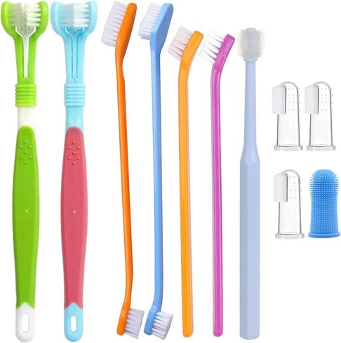 مجموعة فرشاة أسنان HURKEYE للحيوانات الأليفة، 2 فرشاة أسنان ثلاثية الرأس للحيوانات الأليفة، 2 فرشاة أسنان مزدوجة الرأس، 4 فرش أسنان للأصابع، فرش تنظيف لصحة أسنان الكلاب والقطط، 11 حزمة in Kuwait