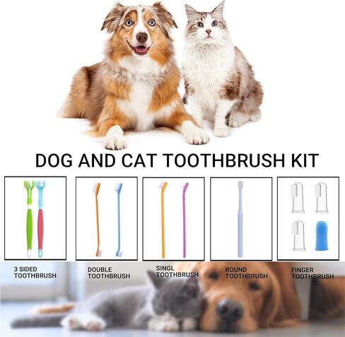 مجموعة فرشاة أسنان HURKEYE للحيوانات الأليفة، 2 فرشاة أسنان ثلاثية الرأس للحيوانات الأليفة، 2 فرشاة أسنان مزدوجة الرأس، 4 فرش أسنان للأصابع، فرش تنظيف لصحة أسنان الكلاب والقطط، 11 حزمة in Kuwait