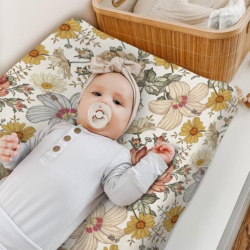HawSkgFub Boho Peony Floral Changing Pad Cover for Baby Girls, Retro Bohemia Daisy Flower Diaper Change Table Covers, Soft Stretchy Breathable Safe Snug Fitted Changing Mat Sheets Fit 32"/34" x 16" in Saudi Arabia