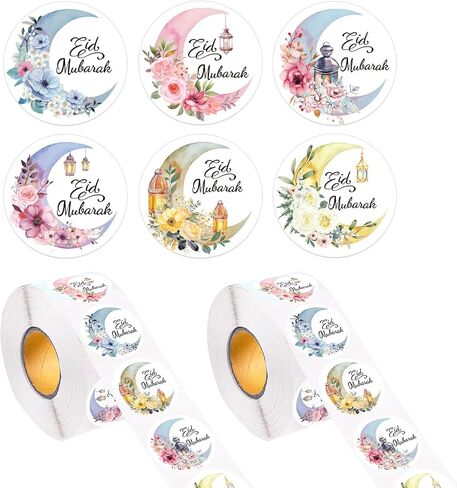 1000Pcs Eid Mubarak Stickers, Ramadan Stickers Round Adhesive Label Stickers Decal for Eid Party Decorations Ramadan Envelope Invitation Card Gift Tag Holiday Party Decor in Saudi Arabia