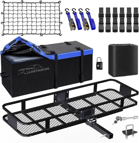 CAMOCOL 60 بوصة × 20 بوصة × 6 بوصة وصلة وصلة مقطورة لحمل البضائع وحقيبة شحن مقاومة للماء 16 متر مكعب، سلة شحن مركبة قابلة للطي بسعة 500 رطل مع مثبت وصلة وشبكة وأشرطة in Kuwait