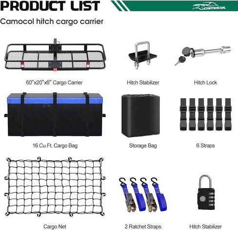 CAMOCOL 60 بوصة × 20 بوصة × 6 بوصة وصلة وصلة مقطورة لحمل البضائع وحقيبة شحن مقاومة للماء 16 متر مكعب، سلة شحن مركبة قابلة للطي بسعة 500 رطل مع مثبت وصلة وشبكة وأشرطة in Kuwait