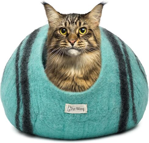 CAXOW Felt Wool Cat Cave Bed - Cozy Cat Bed Cave for Indoor Cats and Kittens - Made from 100% Merino Wool in Nepal (Aqua Blue) in Saudi Arabia