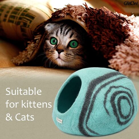 CAXOW Felt Wool Cat Cave Bed - Cozy Cat Bed Cave for Indoor Cats and Kittens - Made from 100% Merino Wool in Nepal (Aqua Blue) in Saudi Arabia