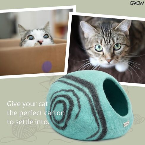 CAXOW Felt Wool Cat Cave Bed - Cozy Cat Bed Cave for Indoor Cats and Kittens - Made from 100% Merino Wool in Nepal (Aqua Blue) in Saudi Arabia
