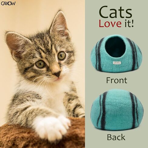 CAXOW Felt Wool Cat Cave Bed - Cozy Cat Bed Cave for Indoor Cats and Kittens - Made from 100% Merino Wool in Nepal (Aqua Blue) in Saudi Arabia