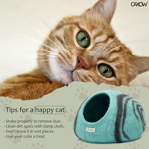 CAXOW Felt Wool Cat Cave Bed - Cozy Cat Bed Cave for Indoor Cats and Kittens - Made from 100% Merino Wool in Nepal (Aqua Blue) in Saudi Arabia