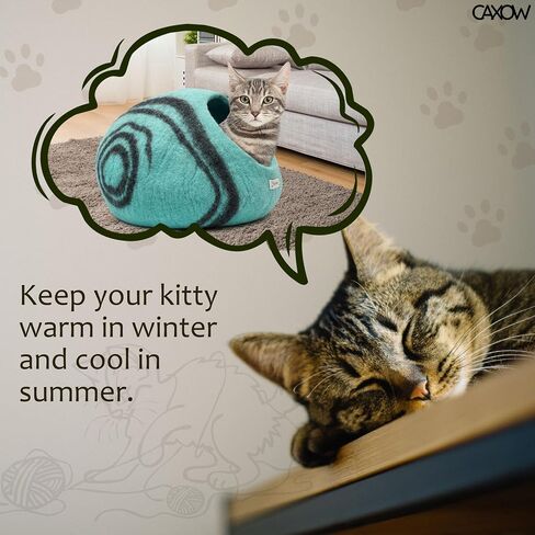 CAXOW Felt Wool Cat Cave Bed - Cozy Cat Bed Cave for Indoor Cats and Kittens - Made from 100% Merino Wool in Nepal (Aqua Blue) in Saudi Arabia