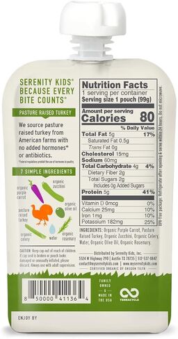 Serenity Kids 6+ Months Baby Food Pouches Puree Made With Ethically Sourced Meats & Organic Veggies | 3.5 Ounce BPA-Free Pouch | Pasture Raised Turkey & Rosemary, Purple Carrot, Zucchini | 1 Count in Saudi Arabia