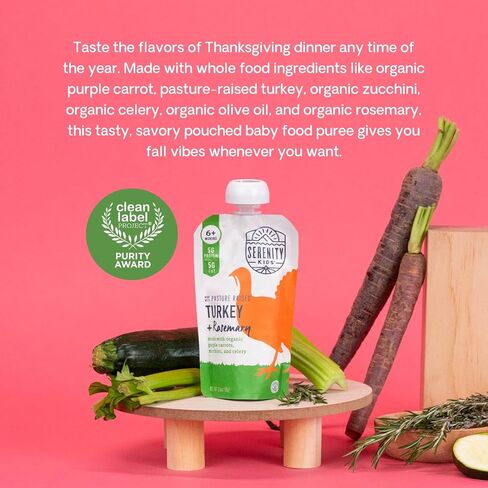 Serenity Kids 6+ Months Baby Food Pouches Puree Made With Ethically Sourced Meats & Organic Veggies | 3.5 Ounce BPA-Free Pouch | Pasture Raised Turkey & Rosemary, Purple Carrot, Zucchini | 1 Count in Saudi Arabia