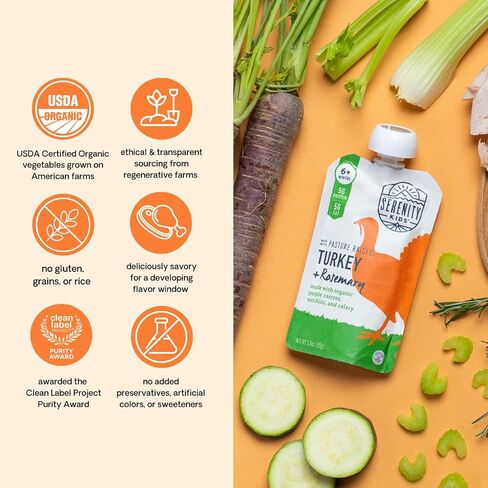Serenity Kids 6+ Months Baby Food Pouches Puree Made With Ethically Sourced Meats & Organic Veggies | 3.5 Ounce BPA-Free Pouch | Pasture Raised Turkey & Rosemary, Purple Carrot, Zucchini | 1 Count in Saudi Arabia