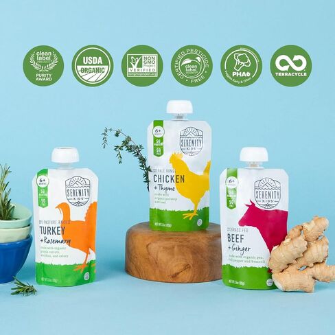 Serenity Kids 6+ Months Baby Food Pouches Puree Made With Ethically Sourced Meats & Organic Veggies | 3.5 Ounce BPA-Free Pouch | Pasture Raised Turkey & Rosemary, Purple Carrot, Zucchini | 1 Count in Saudi Arabia