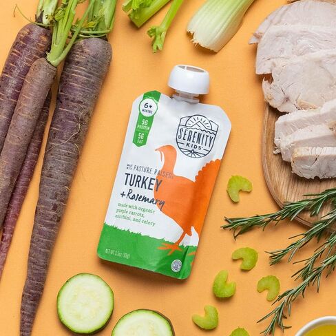 Serenity Kids 6+ Months Baby Food Pouches Puree Made With Ethically Sourced Meats & Organic Veggies | 3.5 Ounce BPA-Free Pouch | Pasture Raised Turkey & Rosemary, Purple Carrot, Zucchini | 1 Count in Saudi Arabia