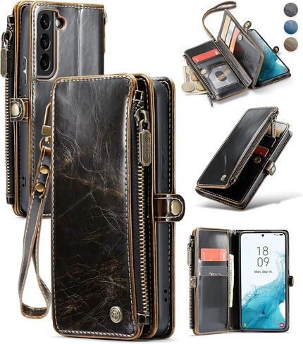 Defencase Compatible with Samsung Galaxy S22 5G Case Wallet with RFID Blocking Card Holder for Women Men, PU Leather Magnetic Snap Flip Zipper Strap Wallet Phone Case Fit for Galaxy S22 5G 6.1", Black in Saudi Arabia