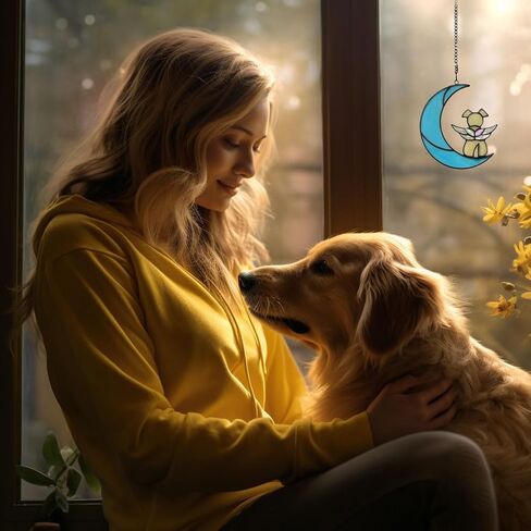 Lost Dog Sympathy Gift, Stained Glass Dog Catching Day Gift on The Moon, Yellow Dog Memorial Gift, Pet Sympathy Gift for Pet, Pet Memorial Gift，Stained glass window decorations in Saudi Arabia