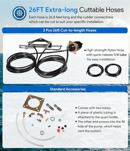 Upgrade 150HP Hydraulic Outboard Steering Kit Boat Marine System, Built-in Two-Way Lock Hydraulic Cylinder, 150 HP Helm Pump, with 26ft Hydraulic Steering Hose for Single Station, Single-Engine use in Saudi Arabia