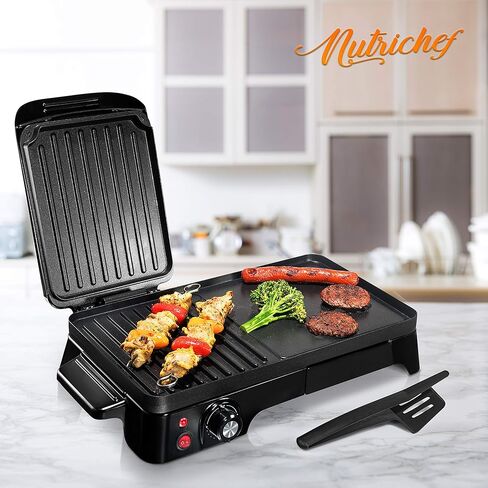 شواية كهربائية من NutriChef - صانع كريب مسطح مزدوج مع شواية ضغط، طلاء غير لاصق، تحكم دوار في درجة الحرارة، تشغيل بالقابس وصينية زيت للمطبخ وسطح الطاولة (PKGRIL43) in Kuwait
