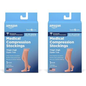 جوارب ضغط طبية من Amazon Basic Care، دعم 20-30 مم زئبقي، خرطوم بطول الفخذ للنساء والرجال، مفتوح عند الأصابع، بيج، متوسط ​​(NuVein سابقًا) in Kuwait