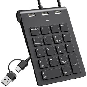 لوحة أرقام سلكية USB C، لوحة مفاتيح رقمية USB مع 3 منافذ USB 2.0، لوحة أرقام 18 مفتاحًا، لوحة مفاتيح صغيرة نحيفة محمولة لأجهزة الكمبيوتر المحمول/سطح المكتب/السطح/ iPad، لوحة مفاتيح أرقام USB لنظام التشغيل Windows/MacOS/Chrome OS، أسود in Kuwait