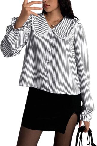Floerns Women's Striped Button Down Blouse Long Sleeve Loose Fit Preppy Shirt in Saudi Arabia