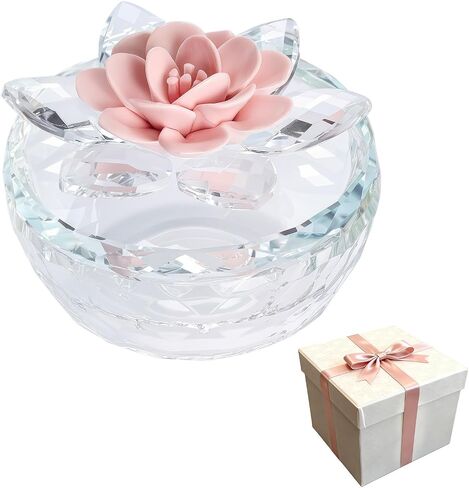 Crystal Jewelry Box, Small Glass Trinket Jar with Lid, Clear Lotus Flower Storage Holder for Women, Elegant Organizer Dish for Ring, Earrings, Necklace, Gift (Green) in Saudi Arabia