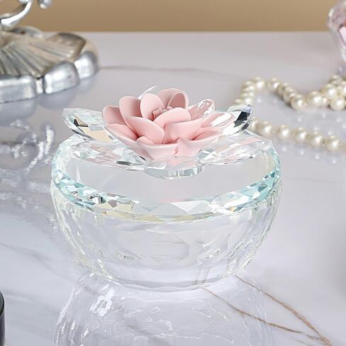 Crystal Jewelry Box, Small Glass Trinket Jar with Lid, Clear Lotus Flower Storage Holder for Women, Elegant Organizer Dish for Ring, Earrings, Necklace, Gift (Green) in Saudi Arabia