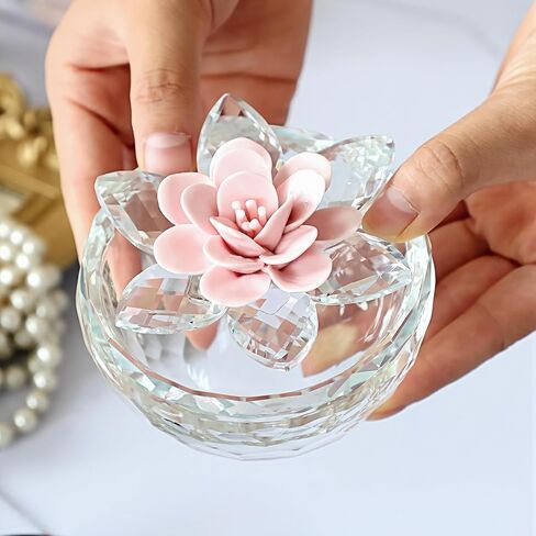 Crystal Jewelry Box, Small Glass Trinket Jar with Lid, Clear Lotus Flower Storage Holder for Women, Elegant Organizer Dish for Ring, Earrings, Necklace, Gift (Green) in Saudi Arabia