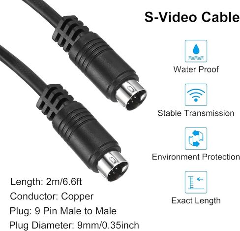 Generic S كابل فيديو 6.6 قدم، Mini DIN 9 Pin S-Video Cable ذكر إلى ذكر مطلي بالذهب موصل نقل لشاشة استقبال التلفزيون S-VHS VCR DVD in Saudi Arabia