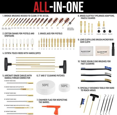 GLORYFIRE Gun Cleaning Kit مسدس مسدس مجموعة تنظيف المسدس لجميع البنادق مع فرش نحاسية متطورة، مماسح، خناقات، قضبان معززة ومطولة وثعبان وحبال تنظيف البندقية in Kuwait
