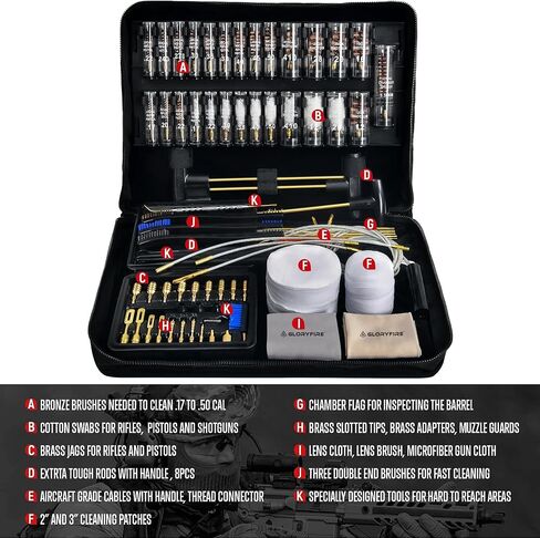 GLORYFIRE Gun Cleaning Kit مسدس مسدس مجموعة تنظيف المسدس لجميع البنادق مع فرش نحاسية متطورة، مماسح، خناقات، قضبان معززة ومطولة وثعبان وحبال تنظيف البندقية in Kuwait