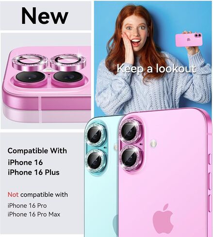Matekxy لهاتف iPhone 16 Plus واقي عدسة الكاميرا اللامع - لهاتف iPhone 16 9H زجاج مقسى مضاد للخدش مع حواف من الألومنيوم، غطاء حلقة بلينغ معدني فردي لطيف للنساء، وردي in Kuwait