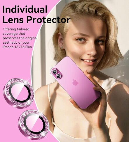Matekxy لهاتف iPhone 16 Plus واقي عدسة الكاميرا اللامع - لهاتف iPhone 16 9H زجاج مقسى مضاد للخدش مع حواف من الألومنيوم، غطاء حلقة بلينغ معدني فردي لطيف للنساء، وردي in Kuwait
