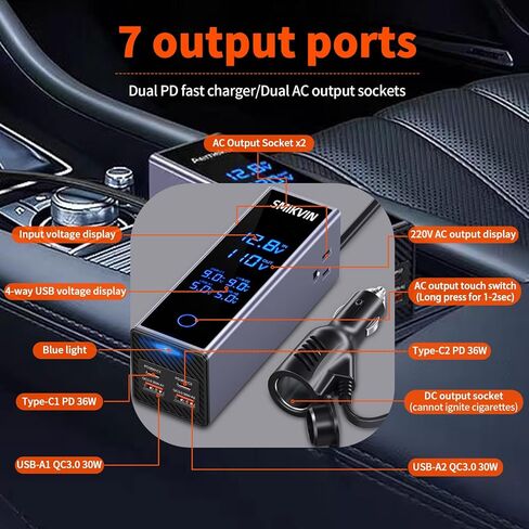 200W Car Power Inverter - with Plug Adapter Outlets and Voltage Display, with AC Outlets + USB-A + 2 USB-C PD Ports for Laptop/Phone, 12V to 110V Converter for Road Trips/Camping in Kuwait