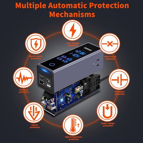 200W Car Power Inverter - with Plug Adapter Outlets and Voltage Display, with AC Outlets + USB-A + 2 USB-C PD Ports for Laptop/Phone, 12V to 110V Converter for Road Trips/Camping in Kuwait