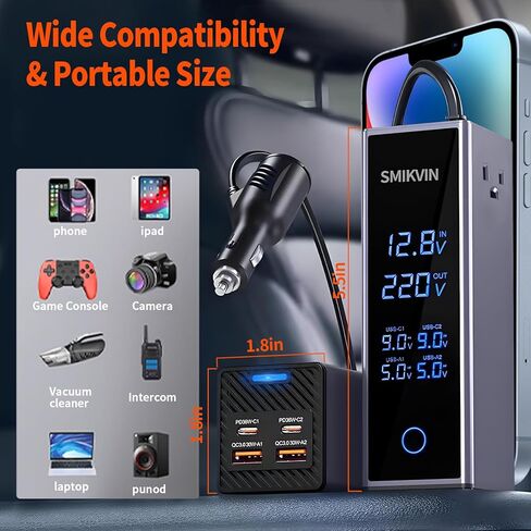 200W Car Power Inverter - with Plug Adapter Outlets and Voltage Display, with AC Outlets + USB-A + 2 USB-C PD Ports for Laptop/Phone, 12V to 110V Converter for Road Trips/Camping in Kuwait