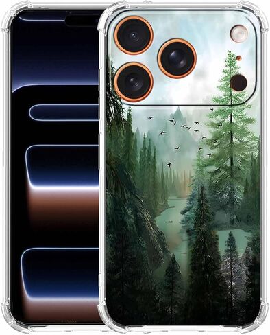 حافظة لهاتف iPhone 17 Pro بتصميم غابة، ونمط مناظر طبيعية جميلة للجبال والطيور، وغطاء هاتف ناعم من مادة TPU (17pro، خشب) in Kuwait