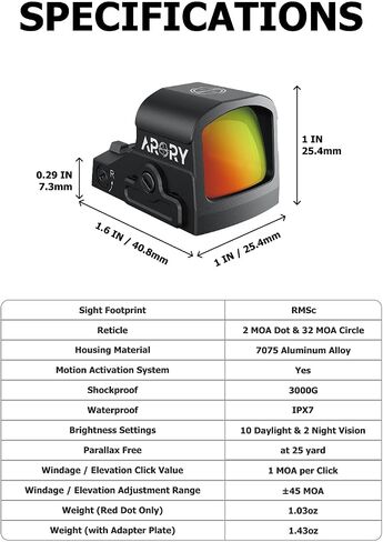 ARORY RMU1 Micro Red Dot Sight لقطع مسدس RMSc، متعدد شبكاني 2 MOA Dot و32 MOA Circle Reflex Sight، 7075 ألومنيوم بصري مع Shake Awake Tech (لوحة محول لـ Glock MOS متضمنة) in Saudi Arabia