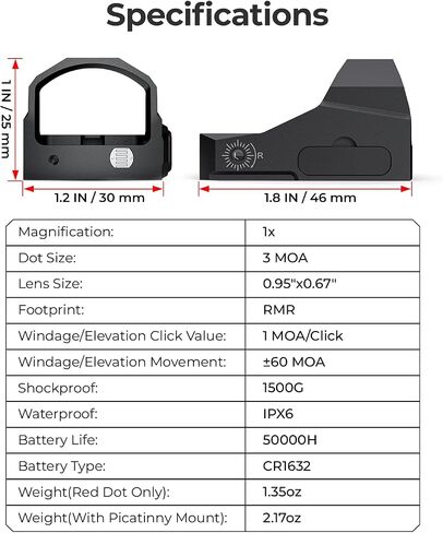 ARORY Red Dot Sight for RMR Cut, Shake Awake Pistol Red Dot, Reflex Sight, Aluminum, Day & Night Auto Brightness Settings (Picatinny Mount Included) in Saudi Arabia