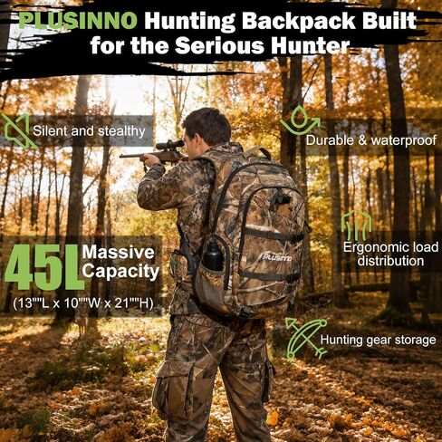 PLUSINNO Hunting Backpack for Hunting Essentials, 45L Waterproof Hunting Gear with Rain Cover, & Padded Scabbard Carry System For Deer Hunt Accessories, Hunt Gift For Men in Saudi Arabia