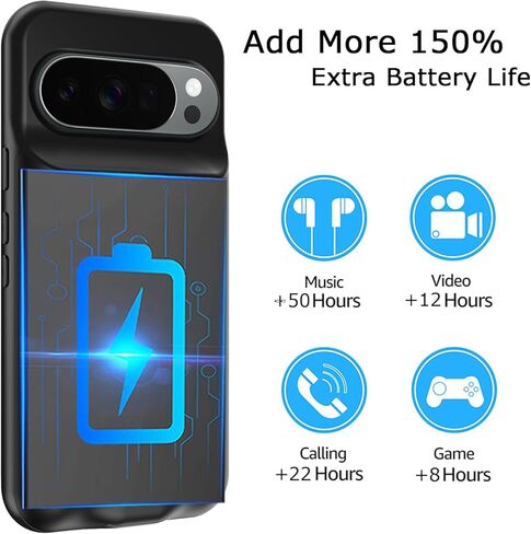حافظة بطارية لهاتف Pixel 9/9 Pro، علبة شاحن قابلة لإعادة الشحن بقدرة 10000 مللي أمبير في الساعة مع شحن لاسلكي متوافق مع هاتف Pixel 9/9 Pro (6.3 بوصة) وغطاء شحن خارجي (أسود) in Kuwait